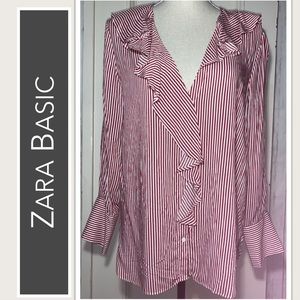 Zara Basic Blouse Red & White Striped, Ruffled Neckline, Hem Drop, French Cuffs